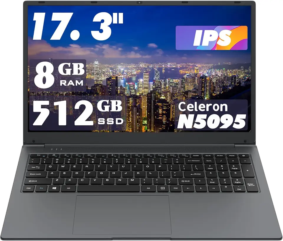 Laptop de 17,3 polegadas: Processador Celeron N5095 (até 2,9 GHz), 8 GB de RAM + 512 GB de armazenamento SSD, SO Win 11, com WiFi, USB 3.0, webcam – Ideal para estudantes e uso comercial