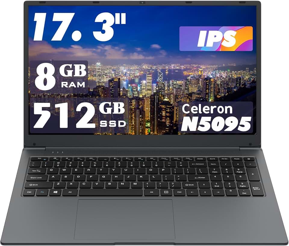 Laptop de 17,3 polegadas: Processador Celeron N5095 (até 2,9 GHz), 8 GB de RAM + 512 GB de armazenamento SSD, SO Win 11, com WiFi, USB 3.0, webcam – Ideal para estudantes e uso comercial