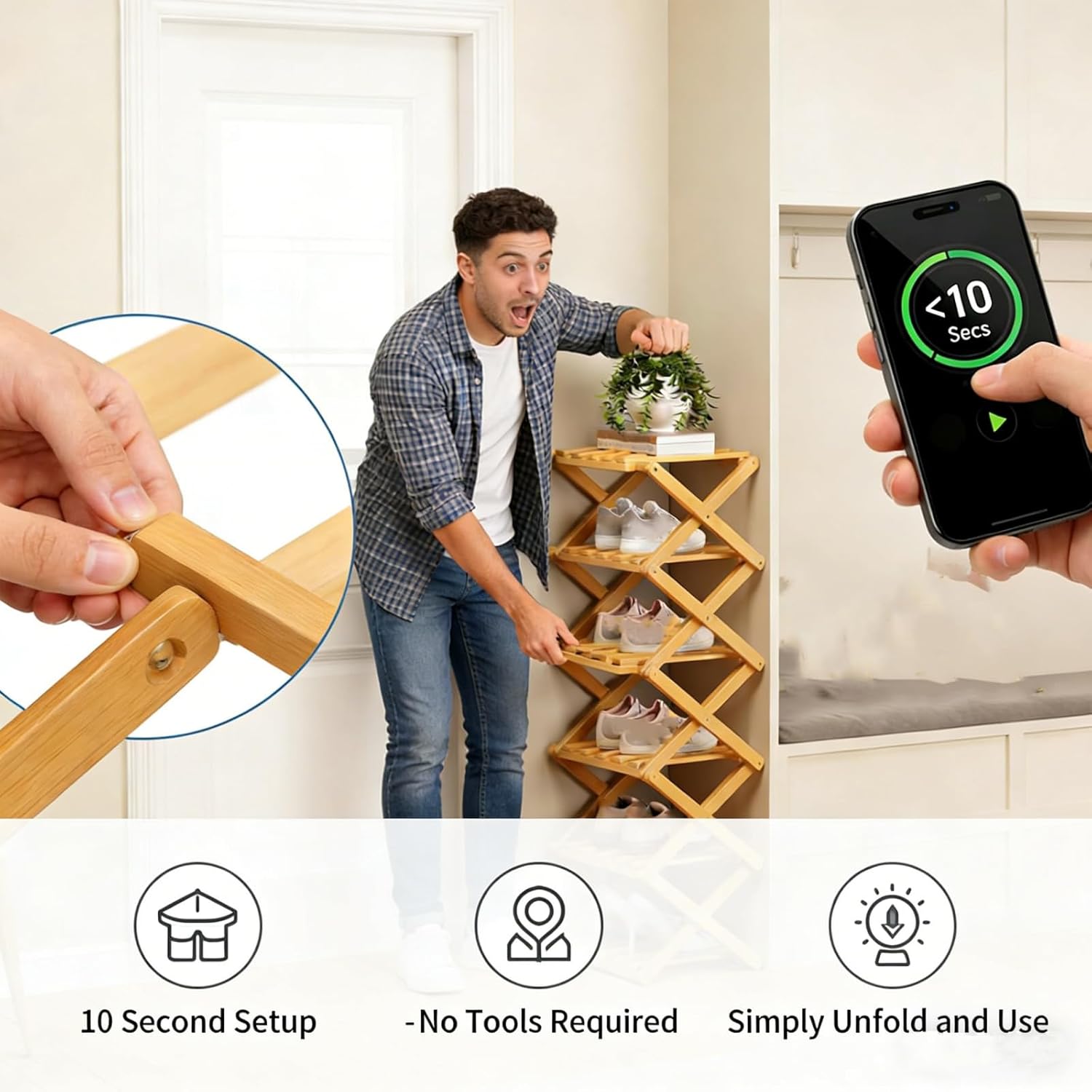 Foldable Shoe Rack, Bamboo Vertical Shoe Organizer Tall for Small Spaces, Space-Saving Multifunction Storage Rack, Vertical Shoe Organizer for Small Spaces (B 9 Tier)