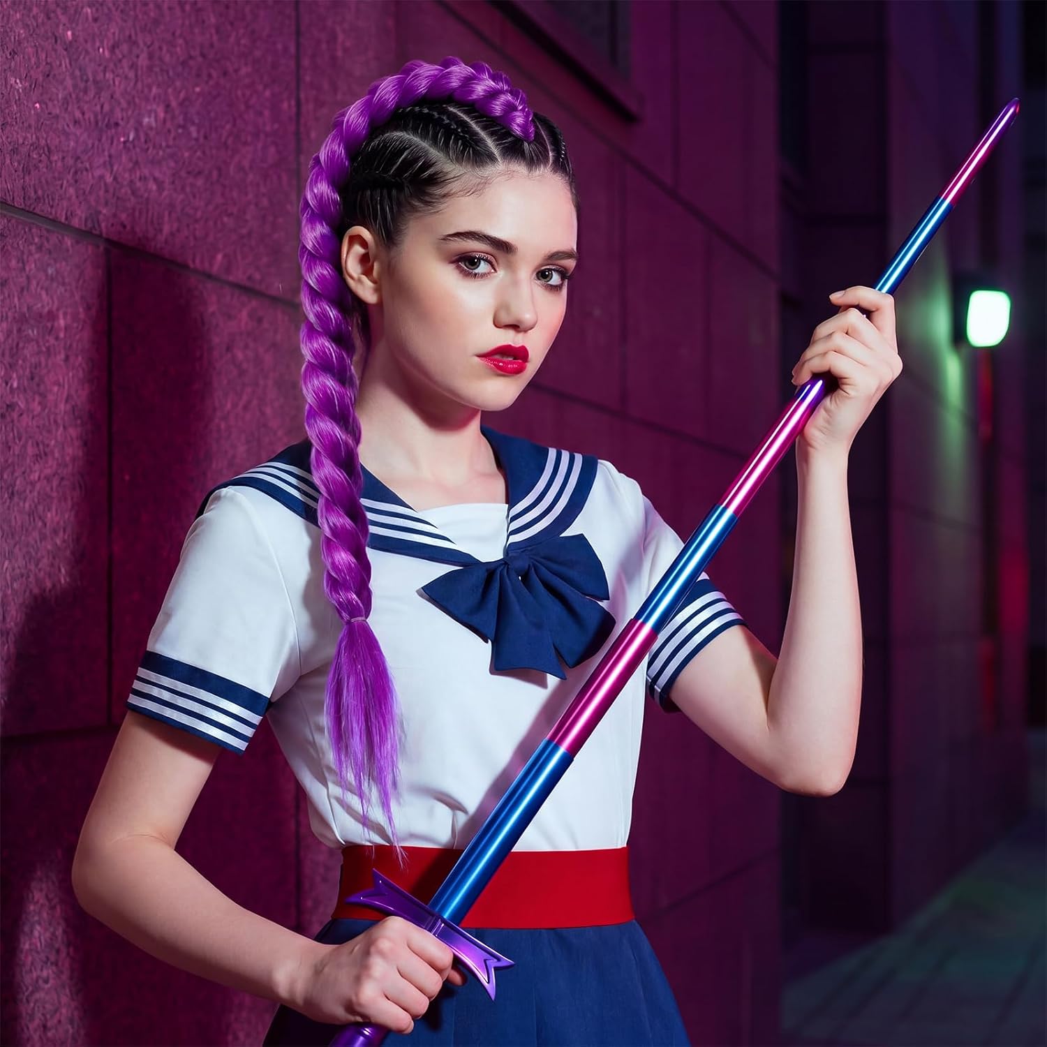 Thiccywoov 37" Adult Anime Retractable Cosplay Sword with 24" Long Purple Braiding Hair Synthetic Braiding Hair Extension for Stage Party Halloween Costume Cosplay