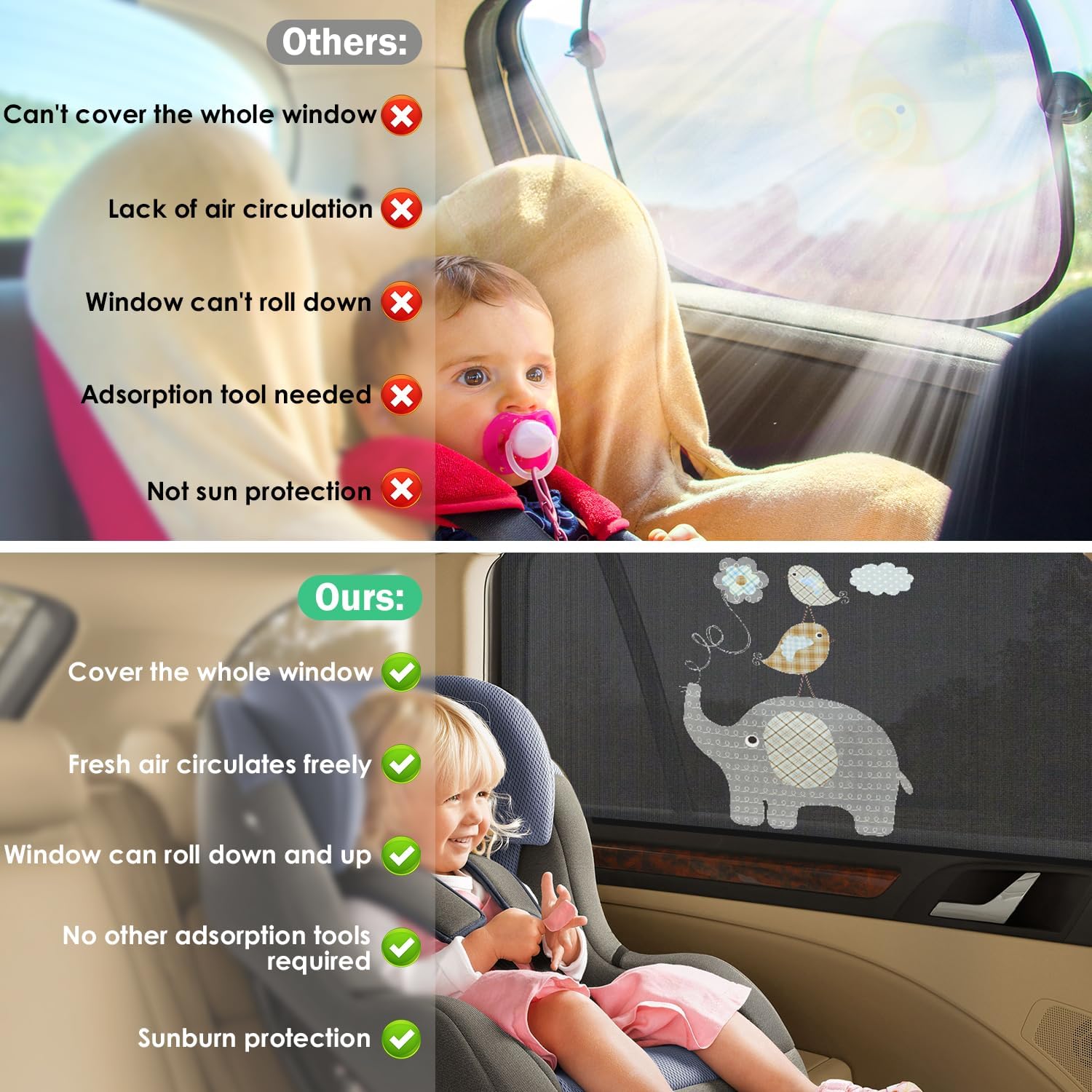 Car Window Shade for Baby, UV Protection Breathable Mesh Baby Window Covers, Universal Fit Stretchable Sun Shades, Keep Car Interior Cool and Comfortable for Toddler Kids Children (2 Pack) Elephant