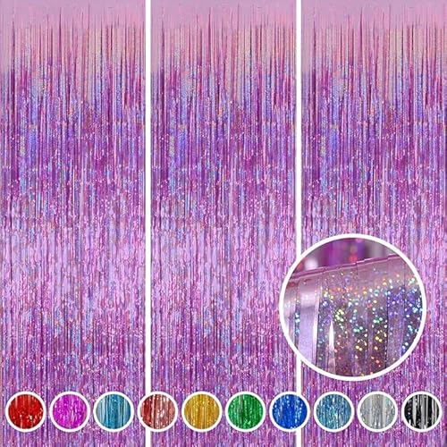 2 Packs (100x250cm Laser Pink Foil Fringe Backdrop Tinsel Curtain Streamers Backdrop Metallic Tinsel Backdrop Fringe Curtains Party Decorations Foil Curtain Backdrop