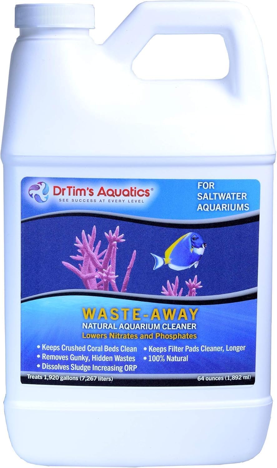 Dr. Tim’s Aquatics Saltwater Waste-Away Sludge Busting Bacteria – For Saltwater Aquaria, Fish Tanks, Aquariums – Unclogs, Cleans Gravel Beds, Removes Hidden Wastes – 100% Natural – 64 Oz.