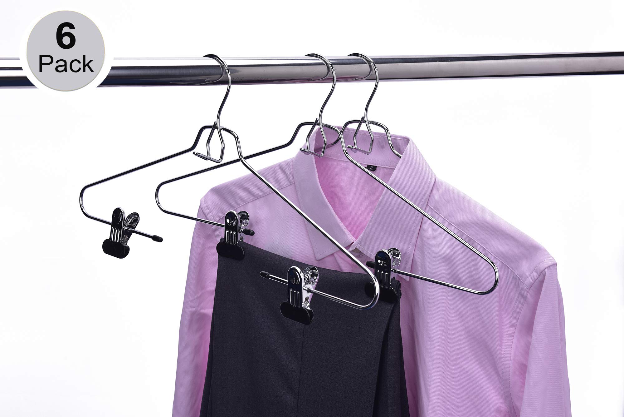 6 Quality Add-On Skirt Blouse Hanger Heavy-Duty Add-On Skirt Hangers with Clips, Multi Stackable Add on Hangers, Adjustable Wide Clip Pants Hanger, Chrome (Skirt Hanger - Wide Clips, 6)