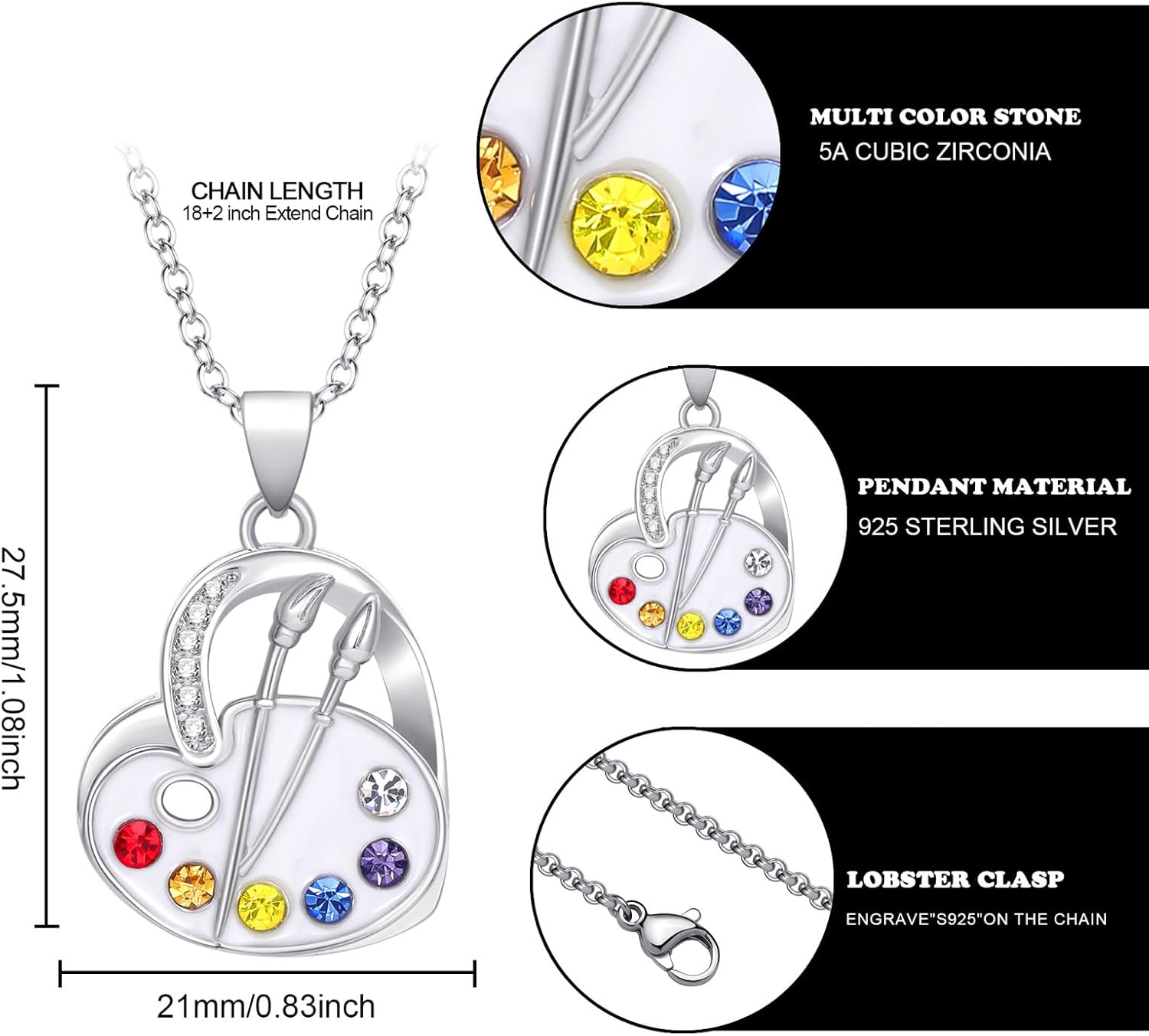 Artist Paint Palette and Brush Necklace 925 Sterling Silver Painting Drawing Pendant Necklace Future Artist Jewelry Gifts for Art Teacher Painters Women - Image 2