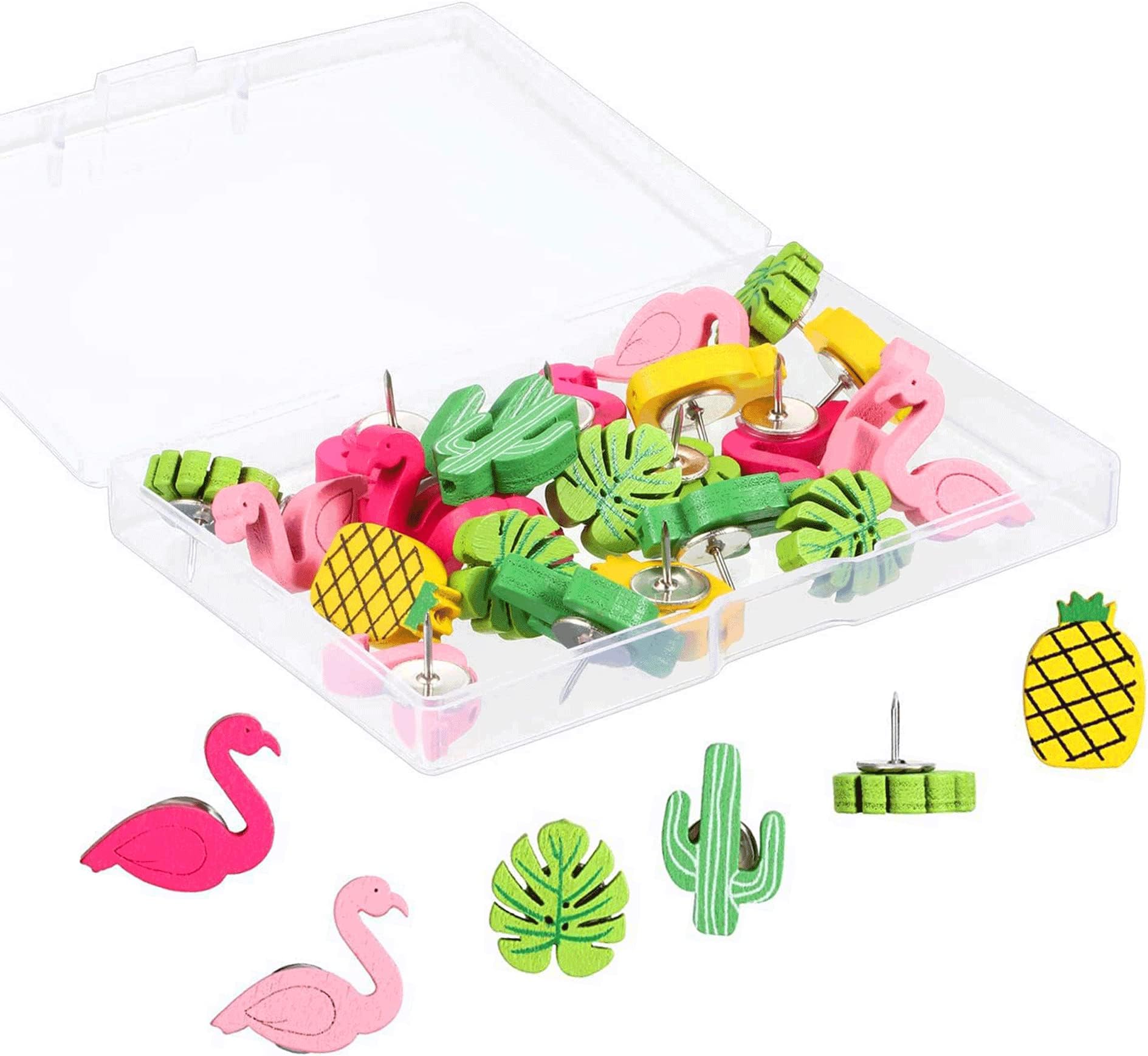 IRYNA 30Pcs Wooden Push Pins Thumb Tacks Decorative Cute Pushpins Drawing Pins Thumb Tacks for Photos Wall, Maps, or Cork Bulletin Board (Flamingo Pineapple Cactus Palm Leaf)