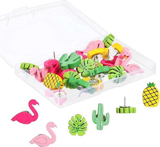 30Pcs Wooden Push Pins Thumb Tack Push Pins Decorative Cute Pushpins Drawing Pins Thumb Tacks Pushpins for Photos Wall, Maps, or Cork Bulletin Board (Flamingo Pineapple Cactus Palm Leaf)