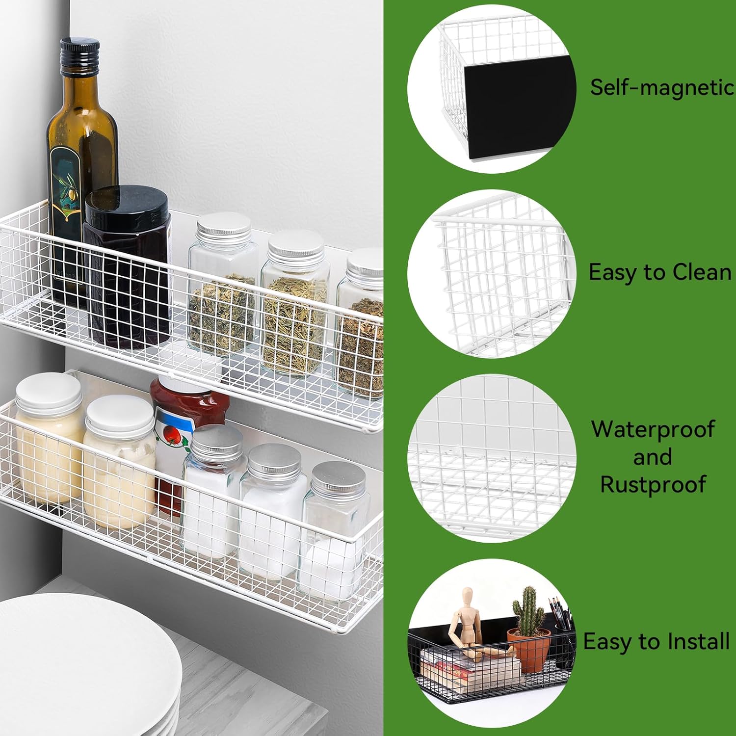 2 Pack Magnetic Basket for Fridge, Magnetic Spice Rack for Side of Refrigerator, Magnet Wire Bin Basket Fridge Shelf Organizer Kitchen Classroom Whiteboard Pantry Office Laundry Storage, White