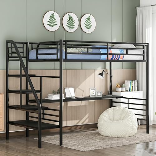 SOFTSEA Cama tipo loft individual con escritorio y escaleras, cama alta de metal tamaño individual para niños, marco de cama alto que ahorra