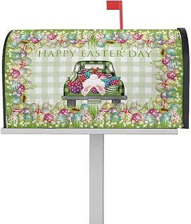 Mailbox Covers Magnetic Post Box Cover Happy Easter Bunny Car and Easter Egg Green Squares Background Mailbox Cover for Outdoor Garden Yard Decorations Standard Size 18.5" X 21.7"