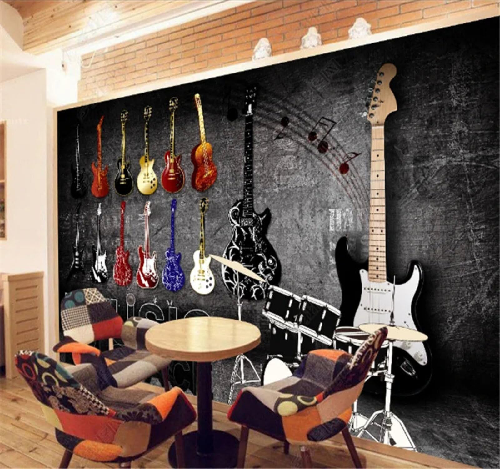 XLMING Nostalgico Musica Rock Colorato Strumenti Musicali Chitarra 3D Carta Da Parati Lusso Casa Soggiorno Divano Mobili Floreale Camera Letto TV Sfondo Muro-250cm×170cm