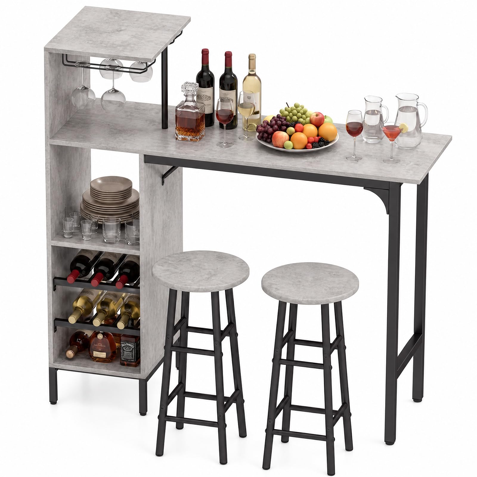 LIFEZEAL Bartisch Set, Tresentisch mit 2 Barhocker, Esstisch Stehtisch mit Weinglashalter & Ablage, Küchentheke Bistrotisch Industrie-Design, Stehtisch für Bar, Bistro & Wohnzimmer (Grau)