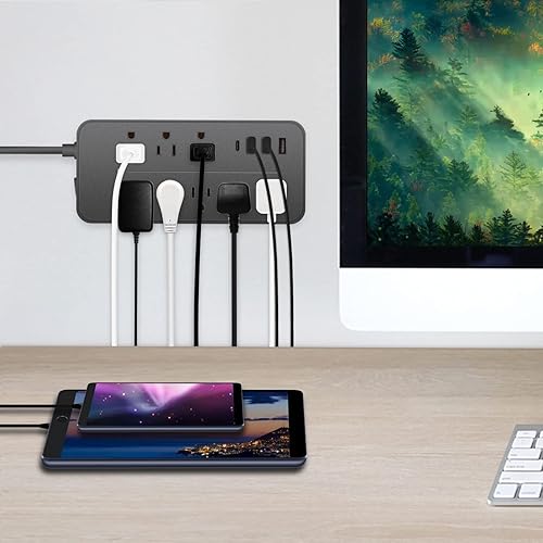 Miniatura 4 de Cable de extensión con protector de sobretensiones de 20 pies con USB C negro, regleta de alimentación de enchufe plano Asamoom con cable largo, 8