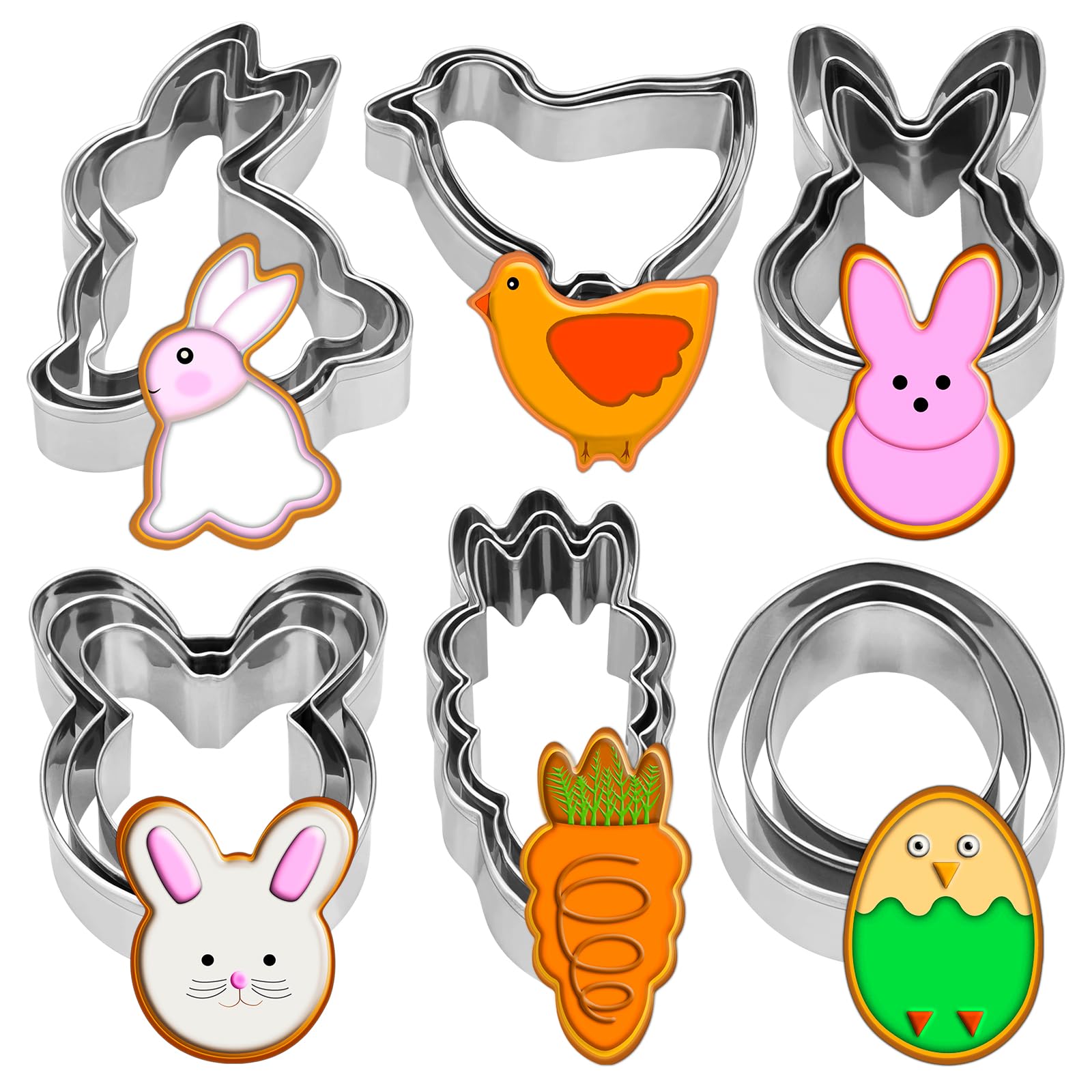 Photo 1 of 18 Pieces Easter Cookie Cutter Set - Bunny, Bunny Face, Rabbit, Egg, Chick, Carrot - Stainless Steel Easter Cookie Cutters - Large Cookie Cutters for Spring Holiday Baking