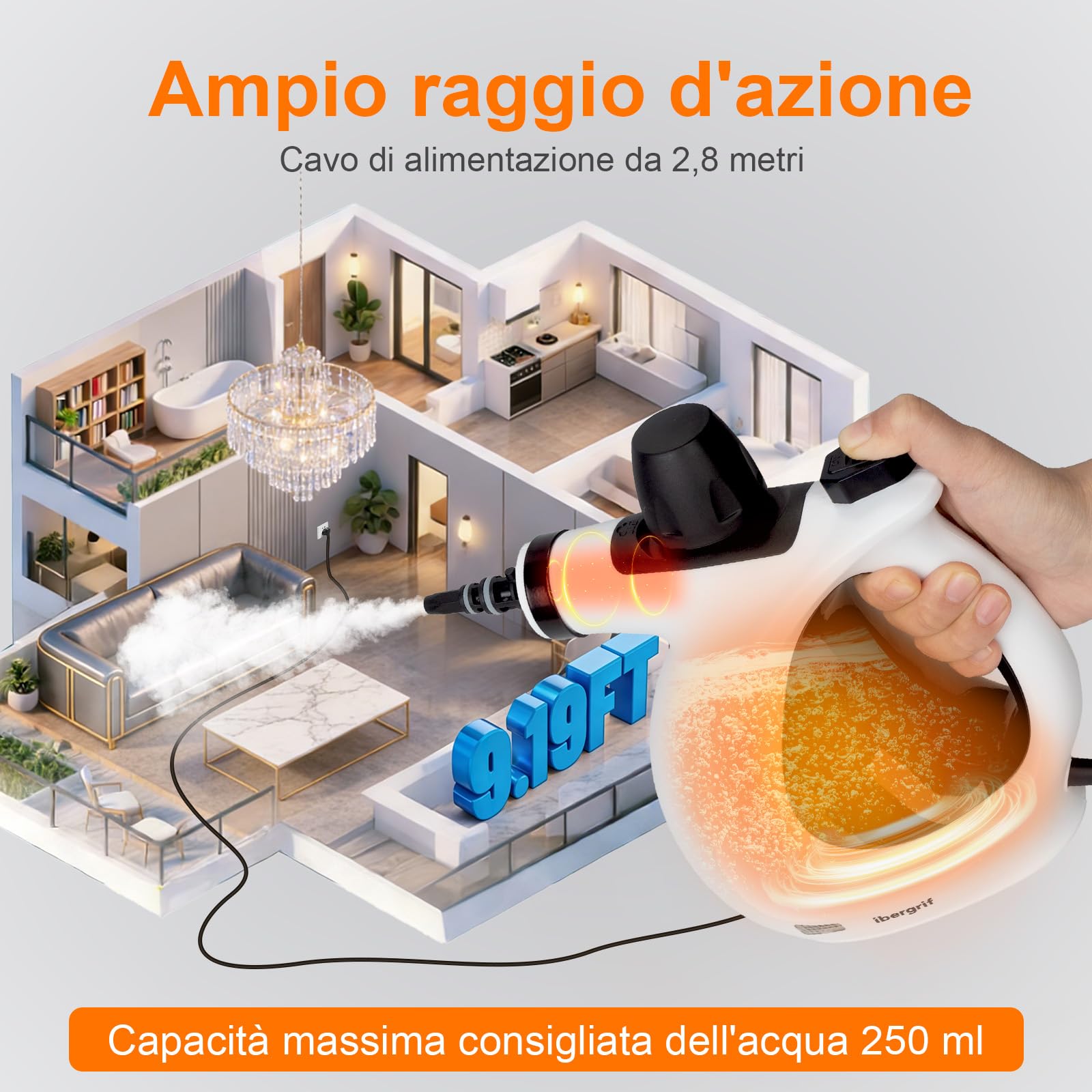Ibergrif Pulitore a Vapore Portatile, Pistola a Vapore 1050W con 9 Accessori, 3 Bar Alta Pressione, Soluzione Naturale Senza Additivi, per Divani, Cucina, Fughe e Vetri, 350ml, Bianco