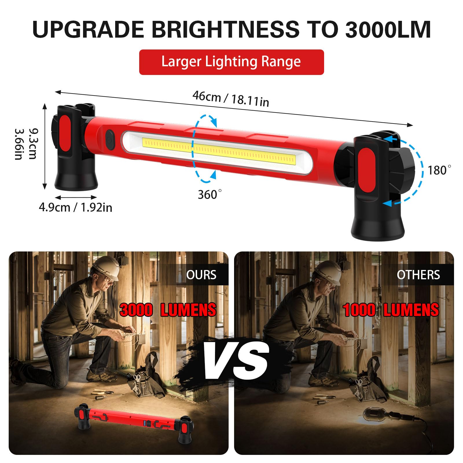 ERAY Lampe de Travail 3000LM, 6000mAh Baladeuse LED Rechargeable | Base Magnétique, 360° Crochet, 3 Modes, Rotation à 180, Projecteur LED Rechargeable pour Réparation, Garage, Atelier, Camping