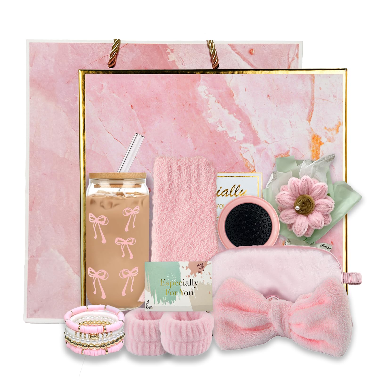 Birthday Gifts for Girls,Sweet Gift Sets for 9 10 11 12 13 14 Year Old,Birthday Card,Glass Cup with Lid and Straw ,Socks ,Headband Presents for Teen,Sister,Daughter, Granddaughter, Niece (Pink)