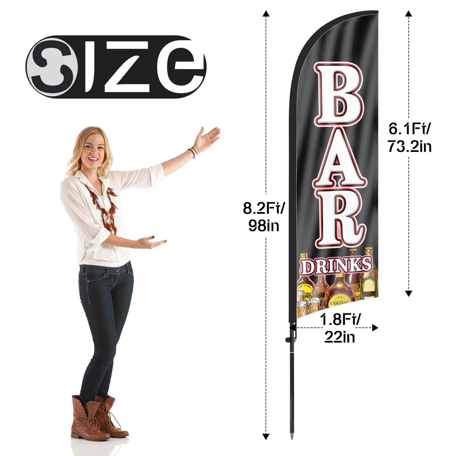 Banderas publicitarias para bebidas de bar, banderas de plumas con poste y estaca para el suelo, carteles publicitarios de plumas de 8 pies para bar bebidas y negocios