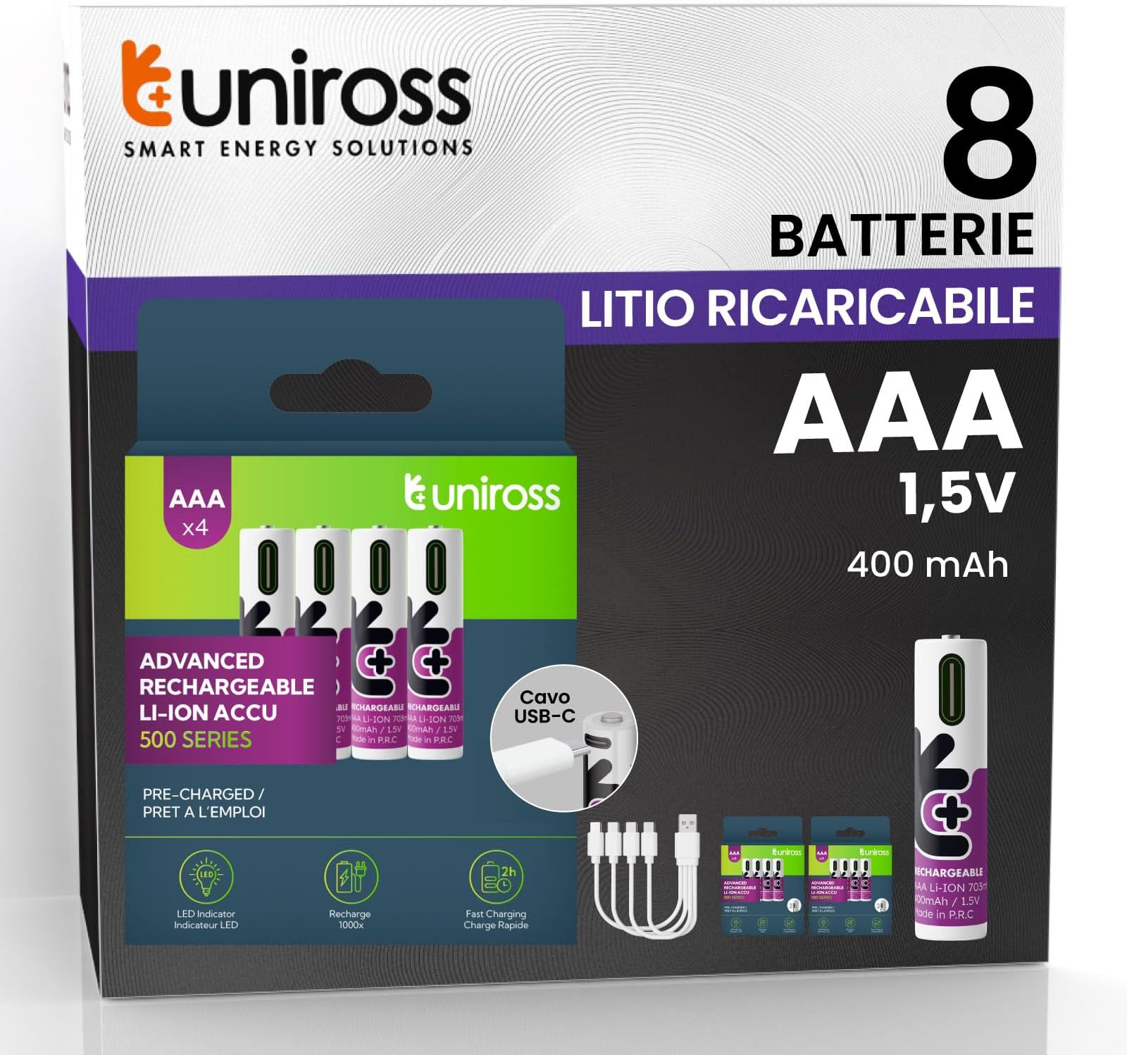 Mini AAA Rechargeable Batteries USB-C Cable 1.5 V 400 mAh HR3 Uniross Lithium Battery for Keyboards Mouse Wireless Remote Controls and Radio Controlled Toys Long Life – 8 Batteries