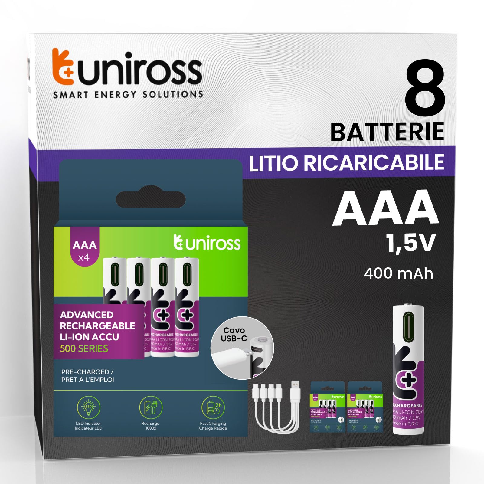 Pilas Mini Stylus AAA Recargables con Cable USB-C 4 en 1 1,5 V 400 mAh/703 mWh + 1000 ciclos de Carga Pilas de Litio HR3 Ministilo Uniross Teclados Ratón Mandos Larga Duración – 8 Pilas