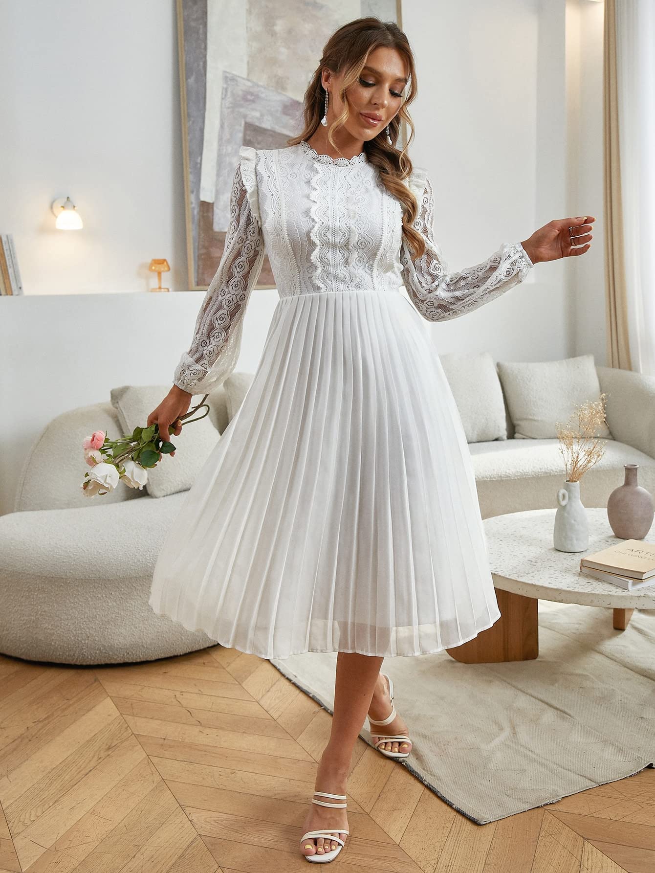 Dresses for Women Guipure Lace Panel Pleated Dress (Color : White, Size :  Medium) : Amazon.com.au: Clothing, Shoes & Accessories