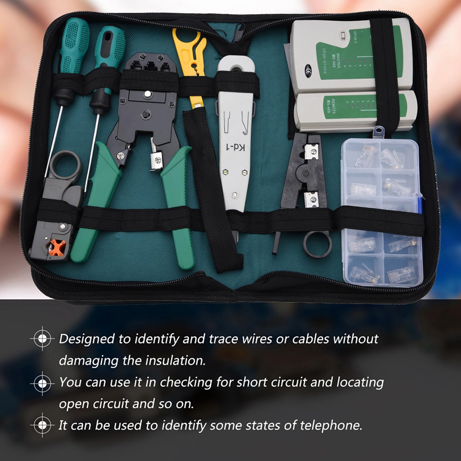 Kit d'outils de service réseau LAN, kit de testeur de câble 11 pièces pour RJ11 RJ45, outils de maintenance réseau professionnels avec fonction de test d'état du circuit, kit