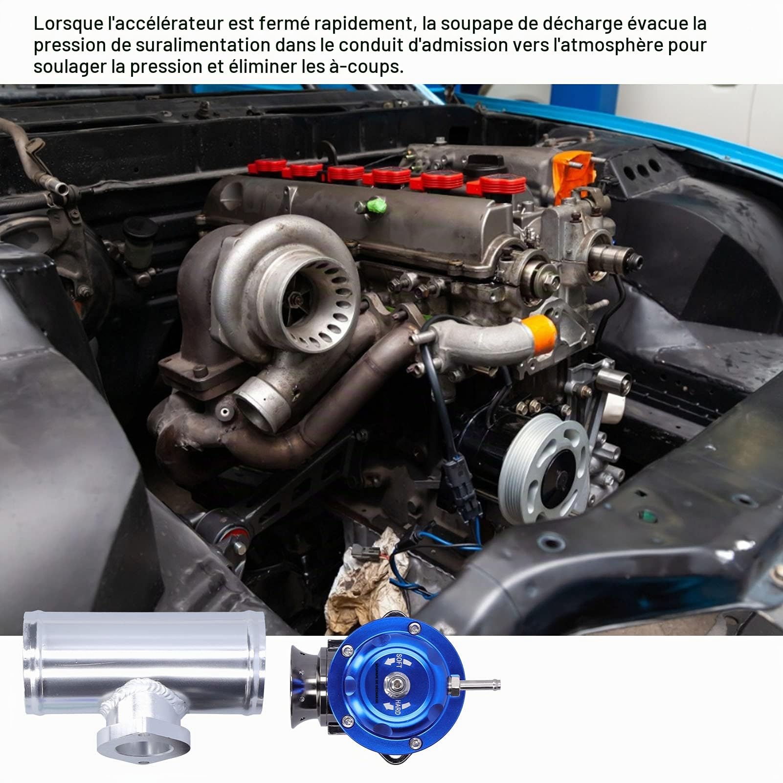 Soupape de soufflage, soupape de soufflage Turbo Universelle en billettes d'aluminium BOV, soupape de décharge Professionnelle BOV avec Tuyau à Bride de 2,5 Pouces et 8 Ports de décharge(Bleu)