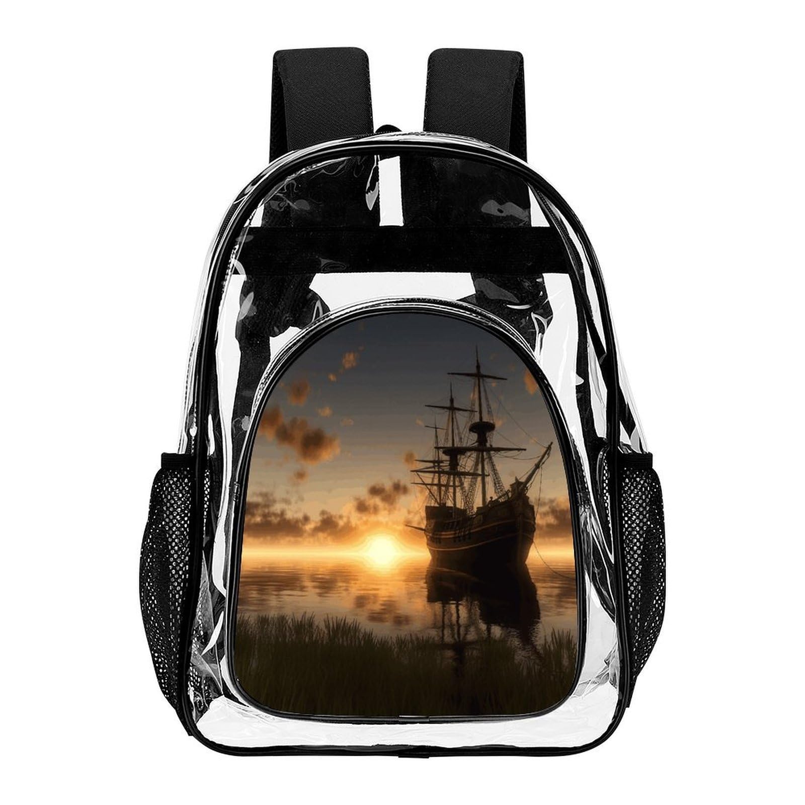 Transparenter Rucksack mit Motiv "Ship in The Lake Sunset", groß, transparent, PVC, Büchertasche für Sicherheit, Arbeit, Reisen, Stadion