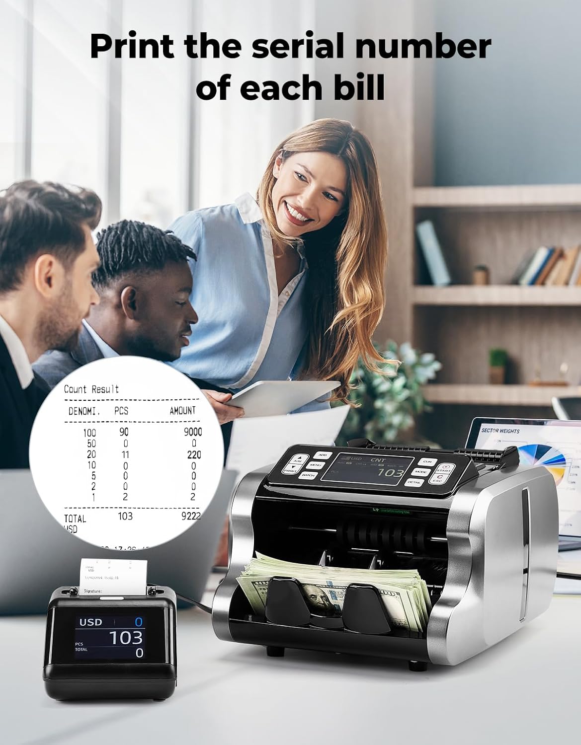 MUNBYN P01 Thermal Printer displaying and printing serial numbers of bills