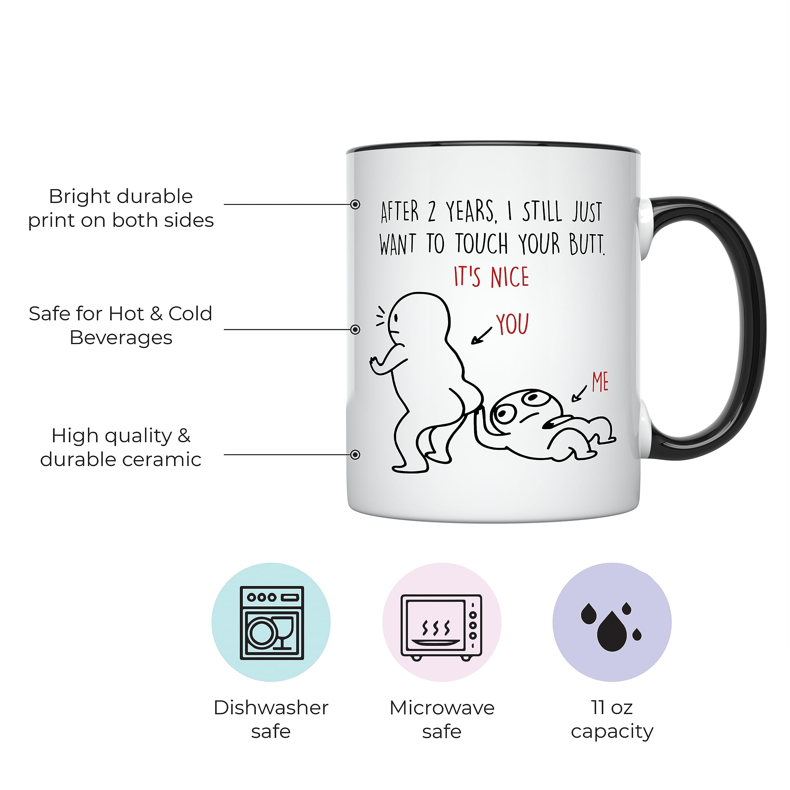 YouNique Designs 2 Year Anniversary Mug for Boyfriend and Girlfriend, 11 Ounces, 2nd Wedding Coffee Mug for Husband and Wife, Dating Cup for Him and Her (Black Handle)