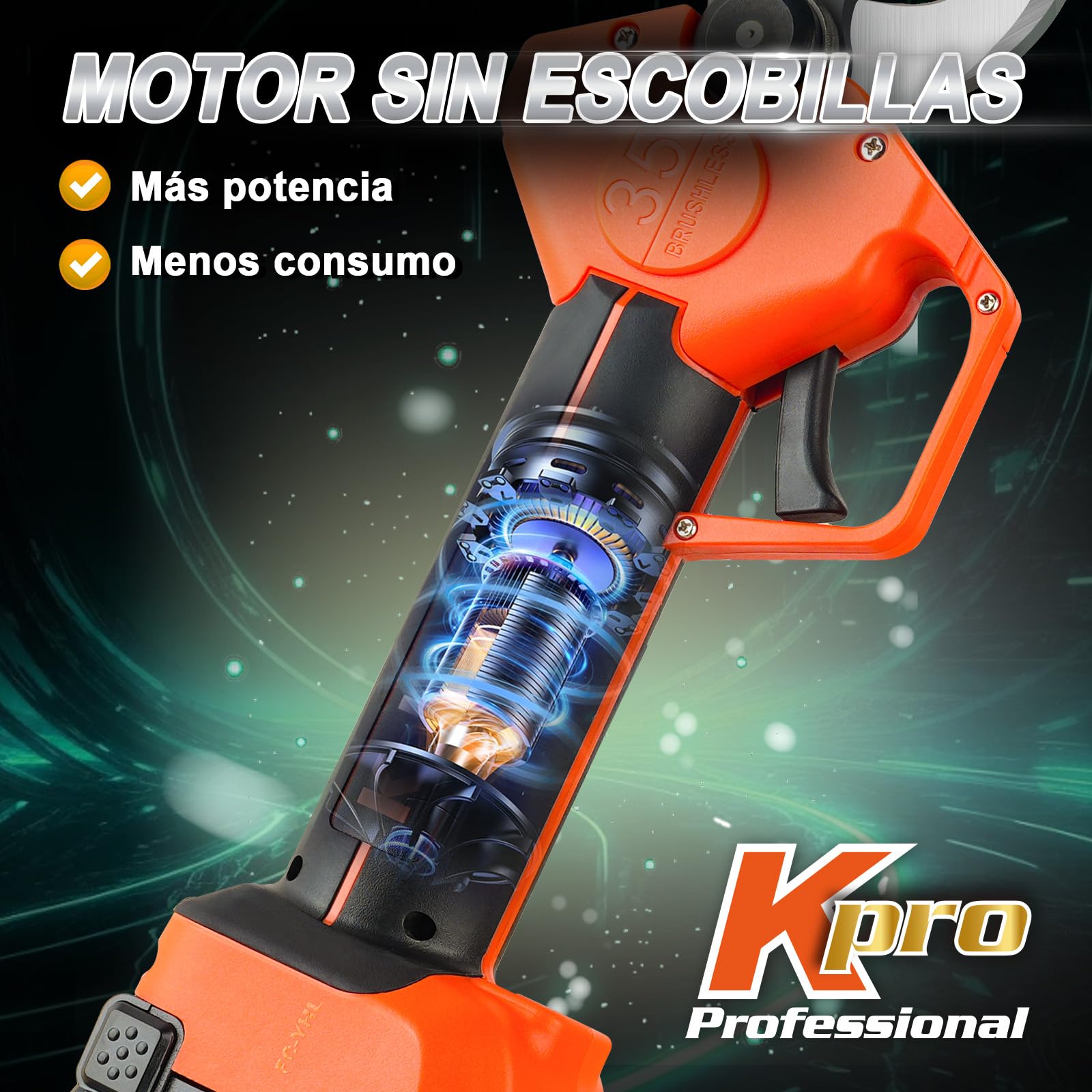 Kebtek KT 9035 Tijera de Poda Eléctrica Profesional 35mm | Batería 21V 4,0Ah, Diseño Ligero, Compatible Con Pértiga Extensible, Ideal Para Árboles, Frutales Y Jardines
