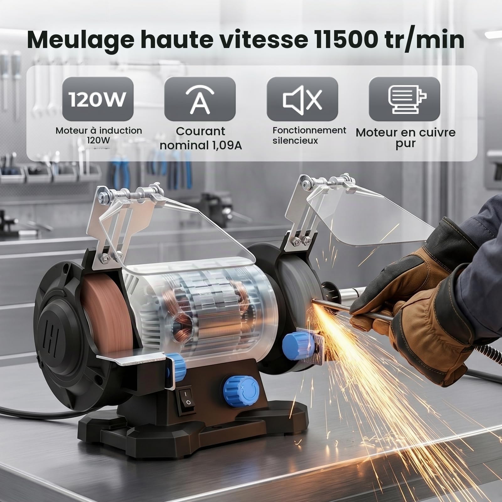 Yofuly Touret à Meuler 120W avec Vitesse Variable, Meuleuse d’Établi 11500 Tr/min, Disque de Meulage et de Polissage 75 mm, Mini Machine à Polir pour Métal, Bois, Bijoux et Aiguisage
