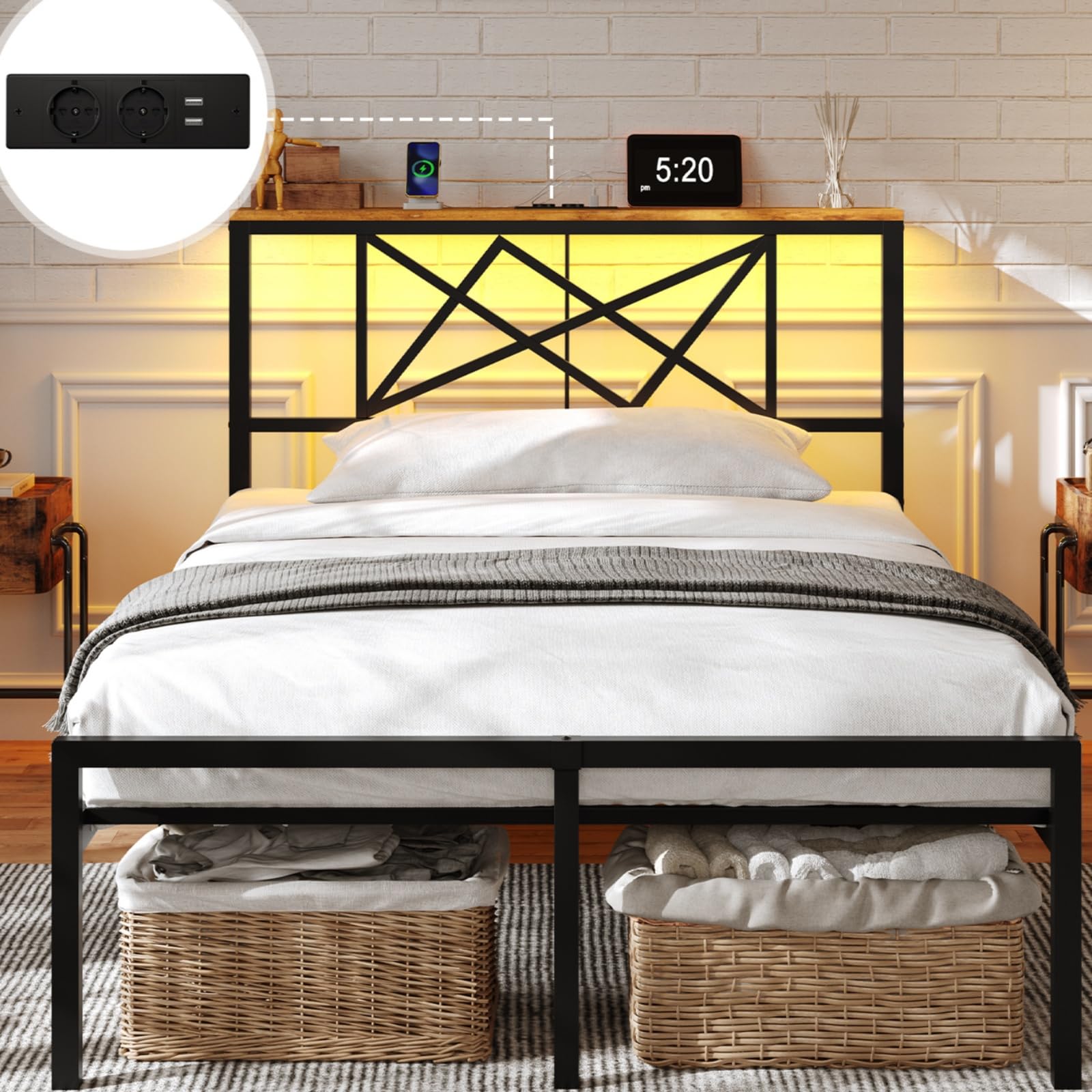 DICTAC Bettgestell 90x200 mit LED Beleuchtung, Bett 90x200 mit Steckdose und 2 USB, Einzelbett mit Holzkopfteil, Metallbett mit Lattenrost aus Metall, Bettrahmen mit Stauraum unter dem Bett, Höche 32