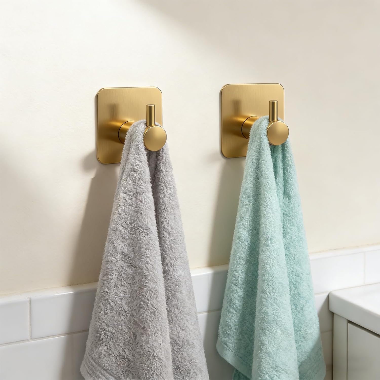 2 Pack Large Heavy Duty Adhesive Hooks, Waterproof Self Adhesive Wall Hangers for Hanging Towel Coat Keys, Strong Sticky Hooks for Bathroom Shower Kitchen Door Outdoor Home Utility （Gold