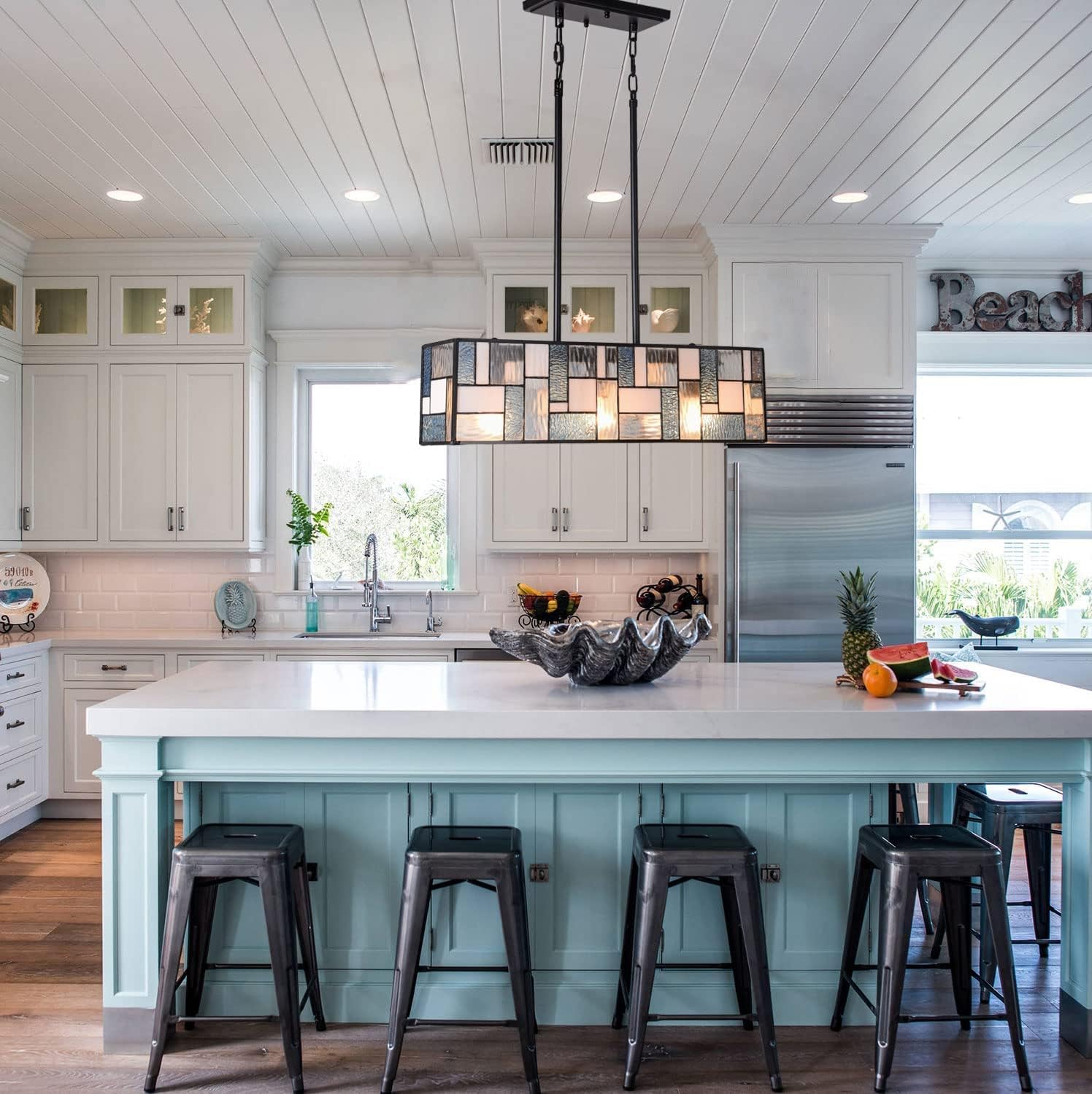 ARTZONE Tiffany Pendant Light Fixture[3 Lights][24''Wide*Adjustable Height] Stained Glass Tiffany Hanging Chandelier for Kitchen Island Dining Room(Blue)