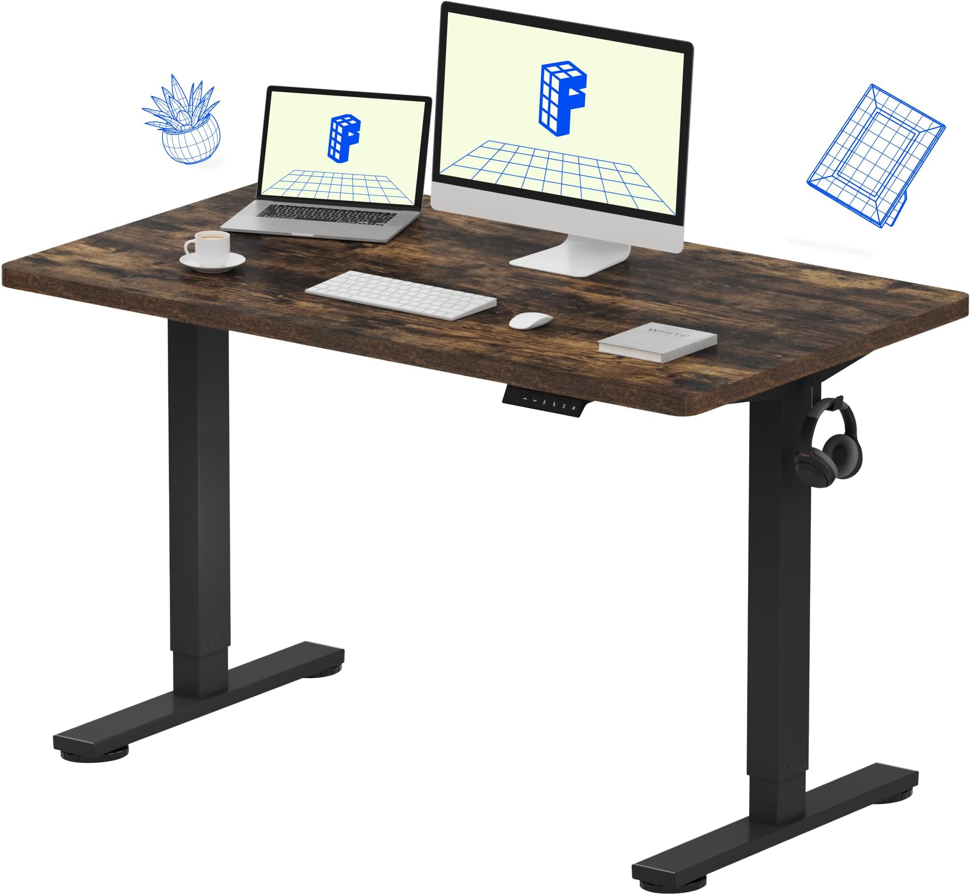 FLEXISPOT Adjustable Desk Electric Standing Desk Sit Stand Desk Hole Piece Desk Board for Home Office (EC1 Classic 48x24 Black Frame+Rustic)