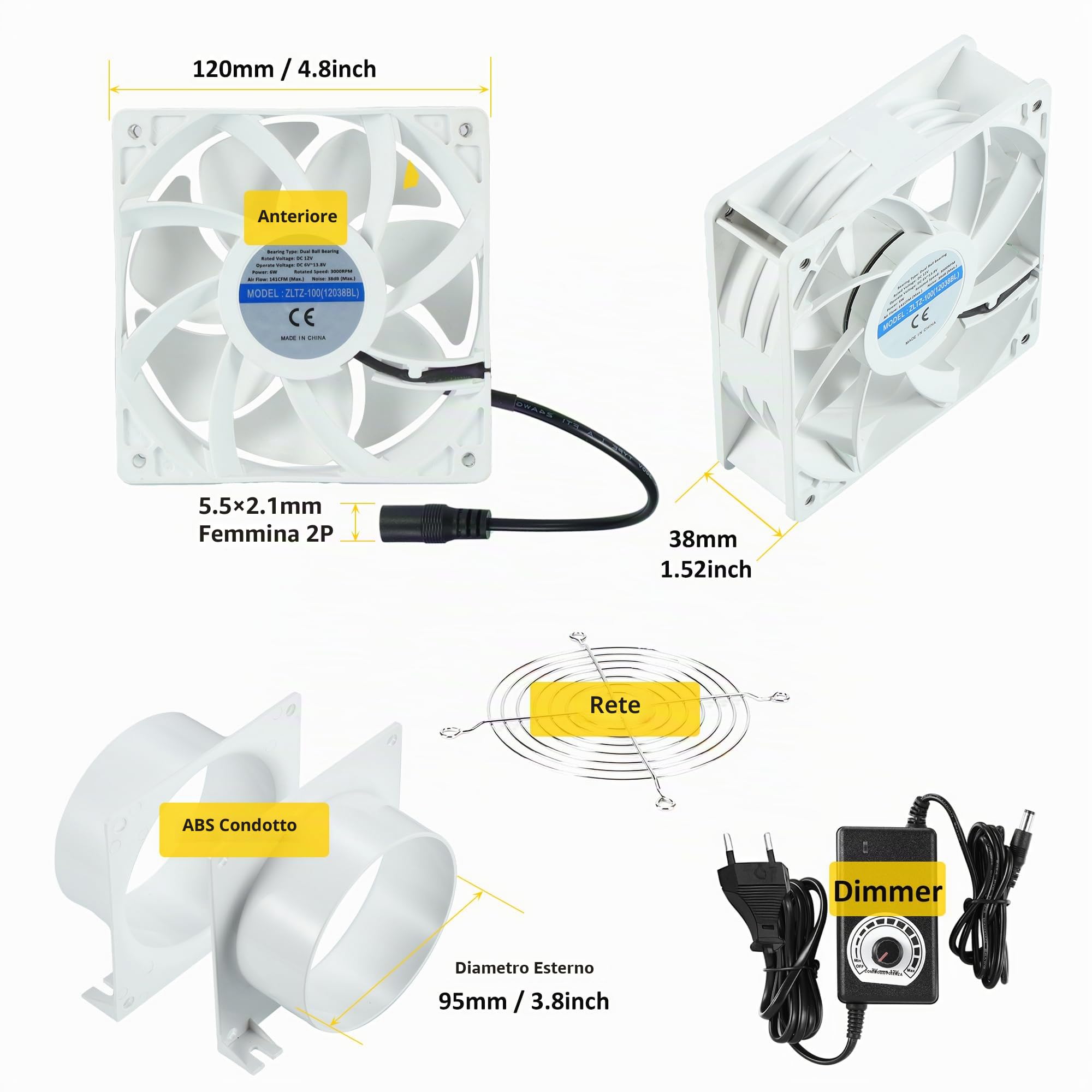 100mm Ventilatore Assiale, 3000RPM DC12V Ventola di Scarico con Adattatore CA/CC, Dimmer Continuo per Laser 3D, Cabina di Verniciatura, Tenda da Coltivazione, Progetto fai da te