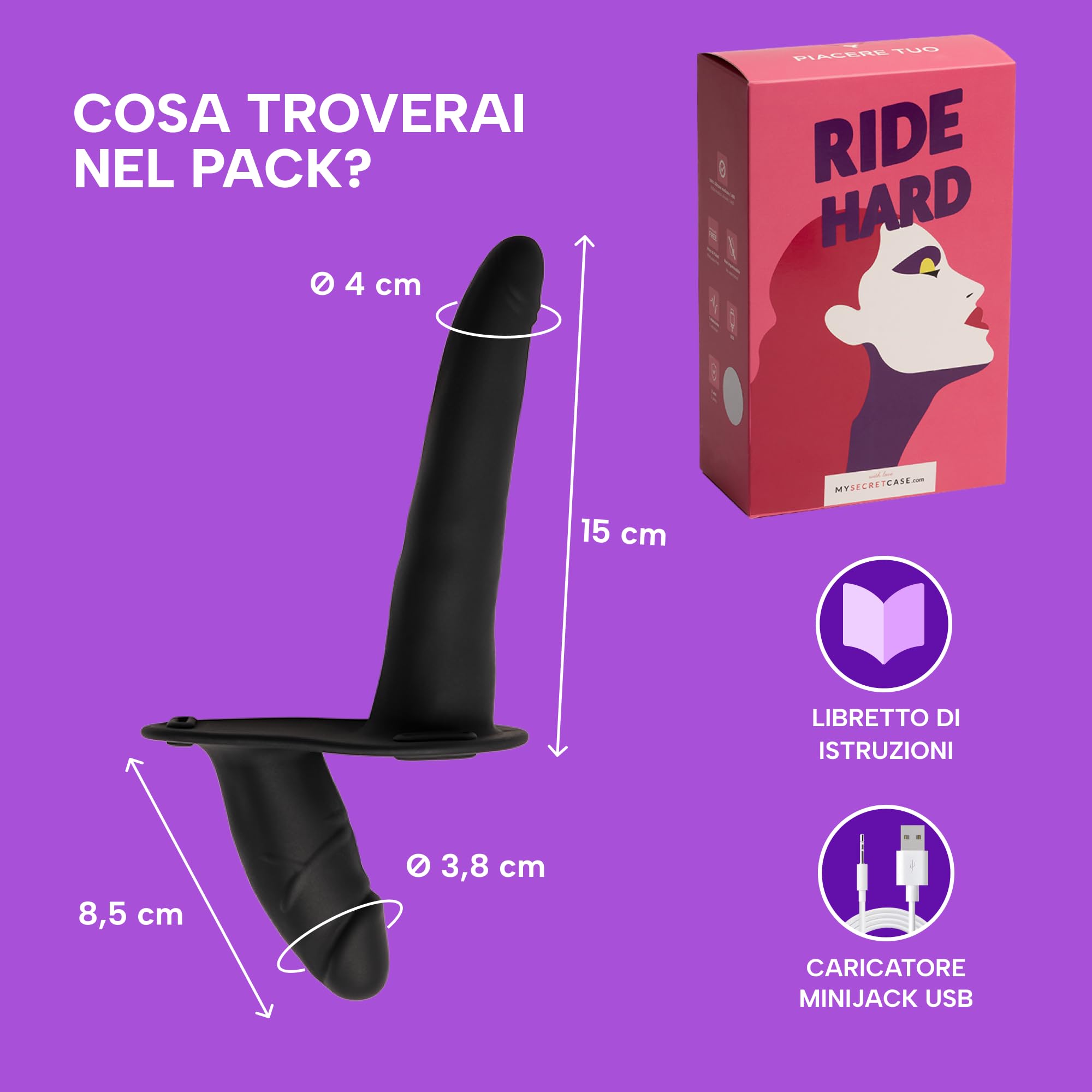 MySecretCase Strapon Dildo Doppio 15cm + 8,5cm Strap On con Telecomando Strapon. Anale. Indossabile 7 Modalità di Vibrazione e 3 Livelli di Intensità Sexytoysys Donna Coppia Dildo Anale