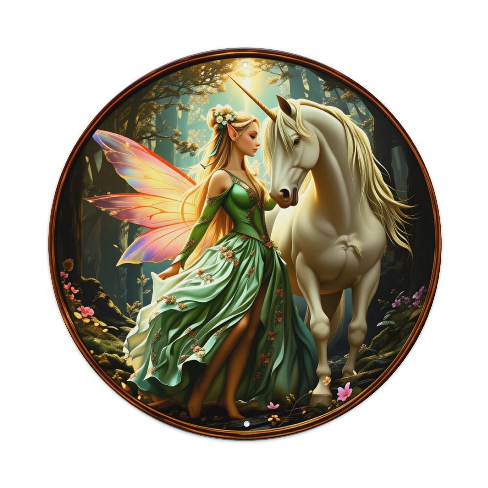 Fairy And Unicorn In Forest With Flowers Round Vintage Tin Sign,Retro Wall Art,Metal Poster for Home, Bar, Garage, Cafe, Rustic Indoor & Outdoor Decor, 8x8 Inches