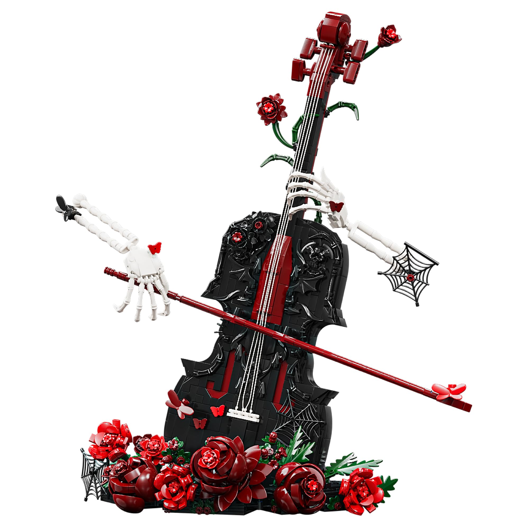 DzirePada Gothic Rose Violin Building Blocks Set, 1429Pieces Collectible Musical Instrument Model with Skeleton Hands & Red Roses, Display Decorative Building Kit for Adults & Teens