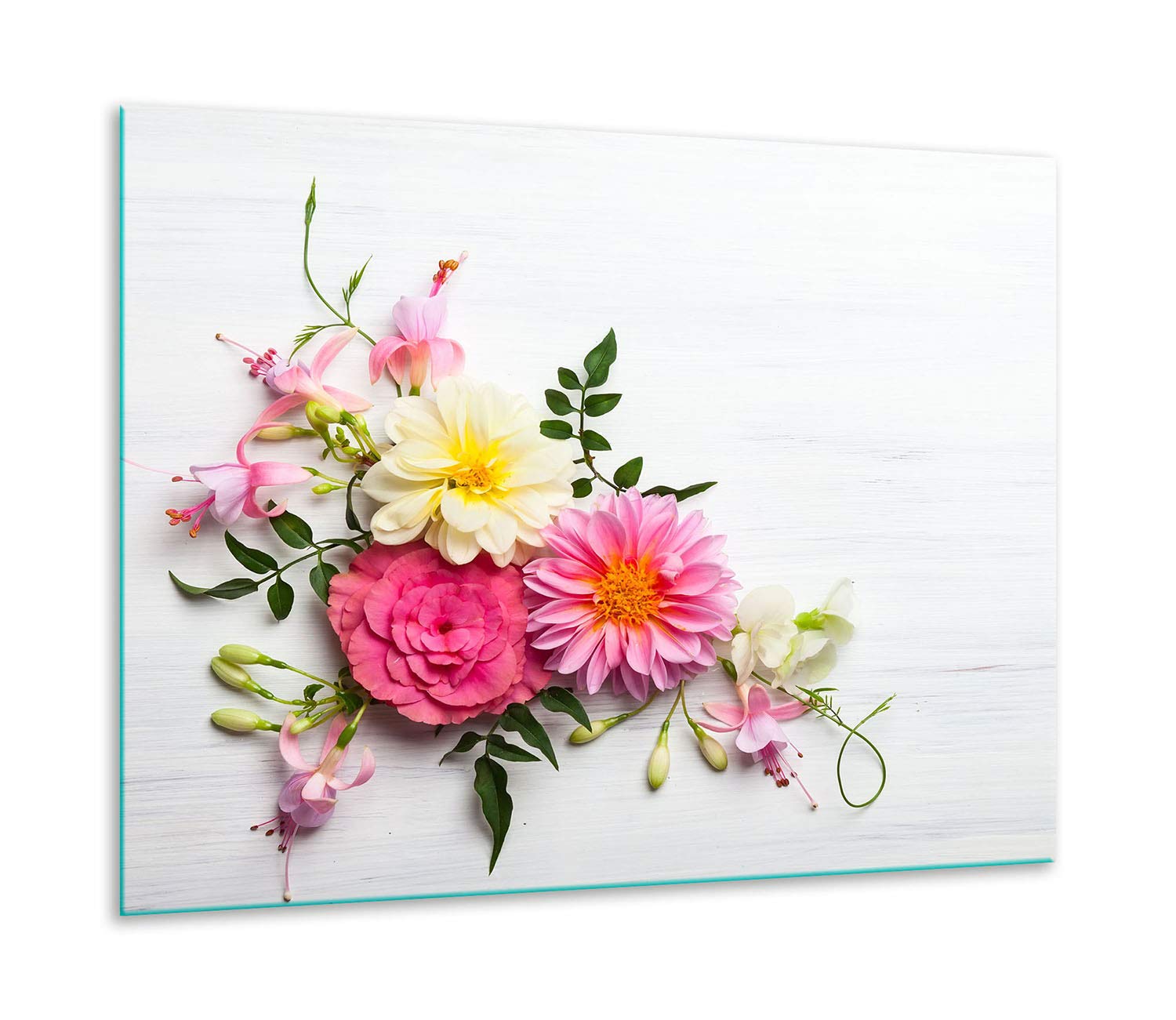 TMK | Placa protectora para vitrocerámica, 60 x 52 cm, de cristal, de una pieza, eléctrica, inducción, protección contra salpicaduras, placa de cristal, decoración de flores, color blanco