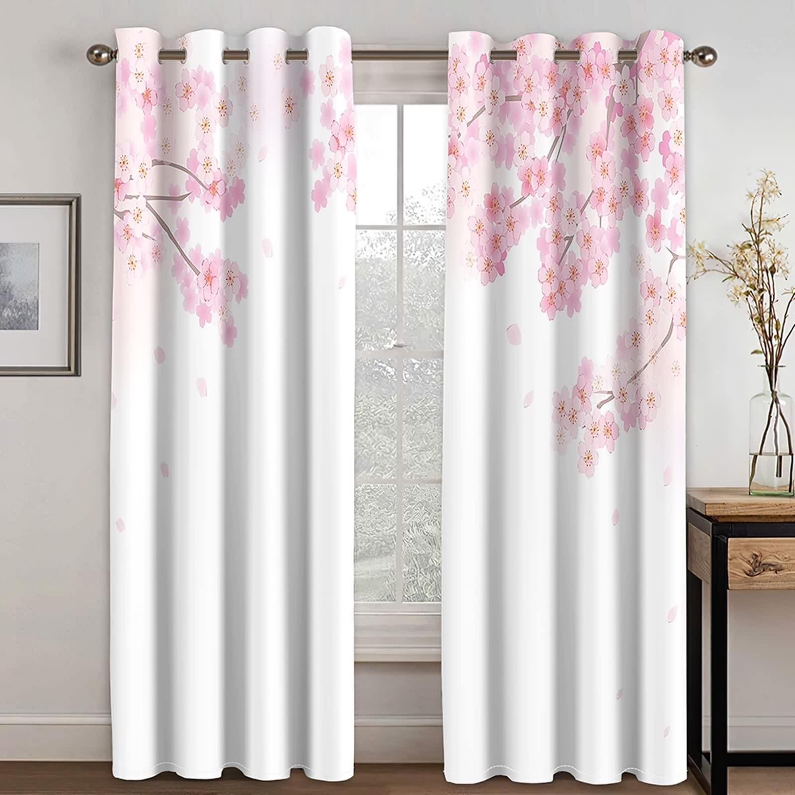 Rideau Stof Polyester, Rideaux Fenetre Chambre Rose Blanc Cerise Décoration 152L x 214H CM Lot de 2