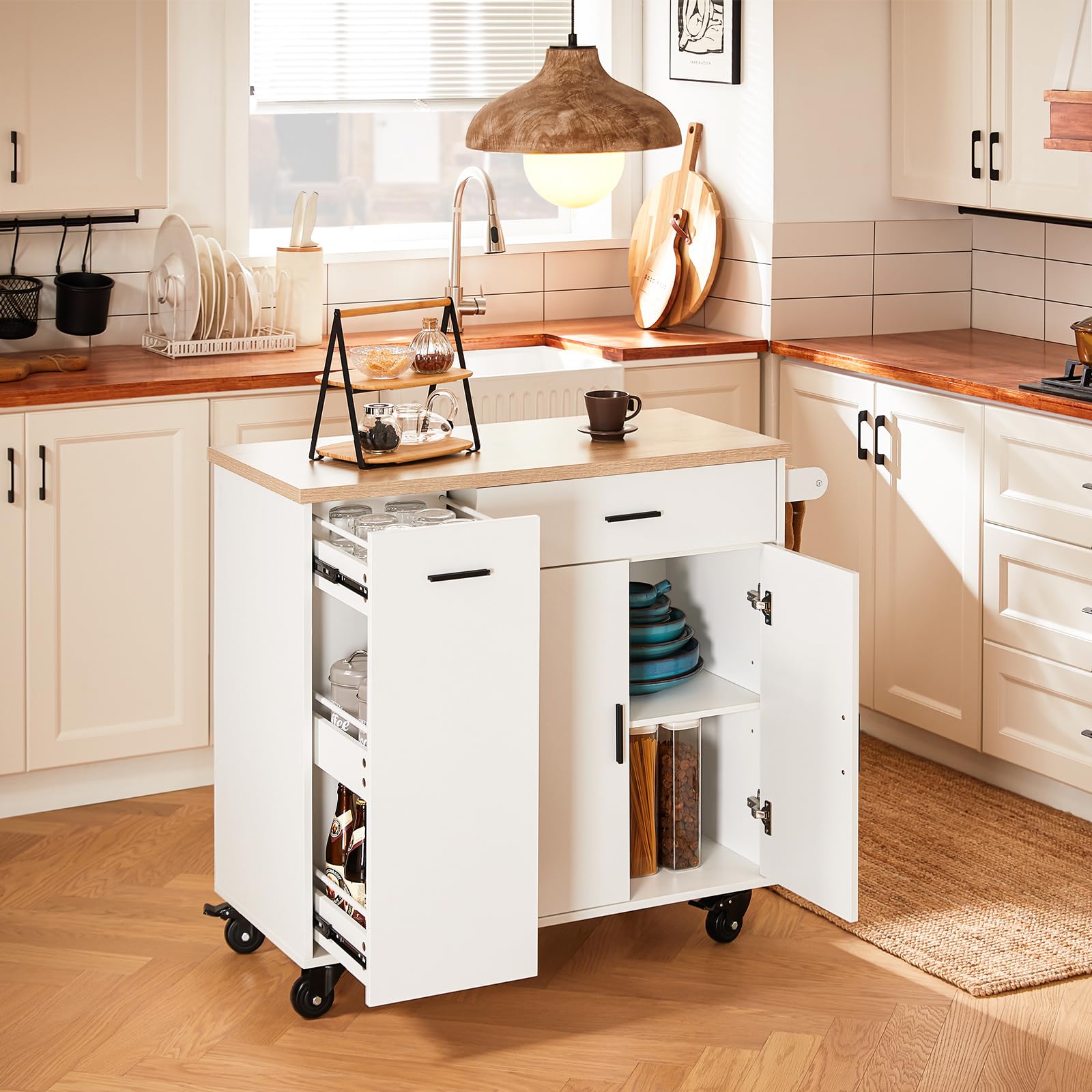 SoBuy Carrello Cucina Isola Cucina con Ruote Mobile da Cucina Salvaspazio con Cassetti, Penisola Cucina con Piano Lavoro - Mobile Cucina con Ruote Portatutto Bianco 105x46x92 cm FKW126-WN