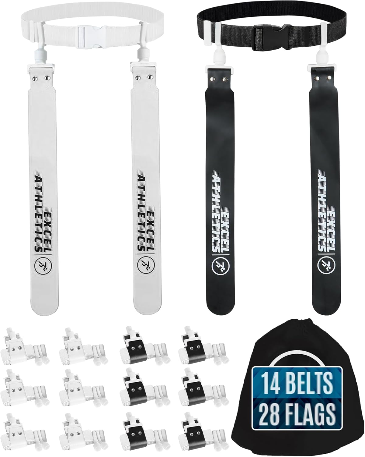 Adjustable Flag Football Set Youth, Kids & Adult with 14 Player Belts & 28 Football Flags (Black & White)