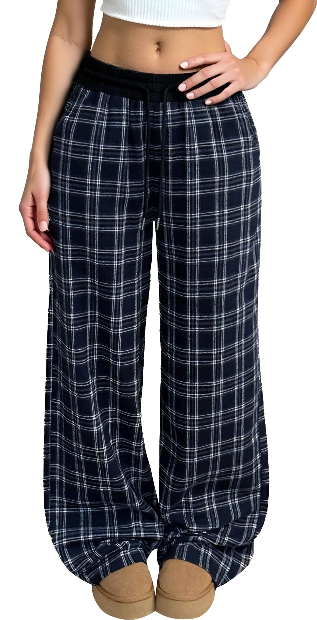 Pantalon Vintage à Carreaux pour Femme Pantalons Décontracté à Taille Basse Pantalon de Jogging Large à Poches Pantalons Long Y2K Streetwear