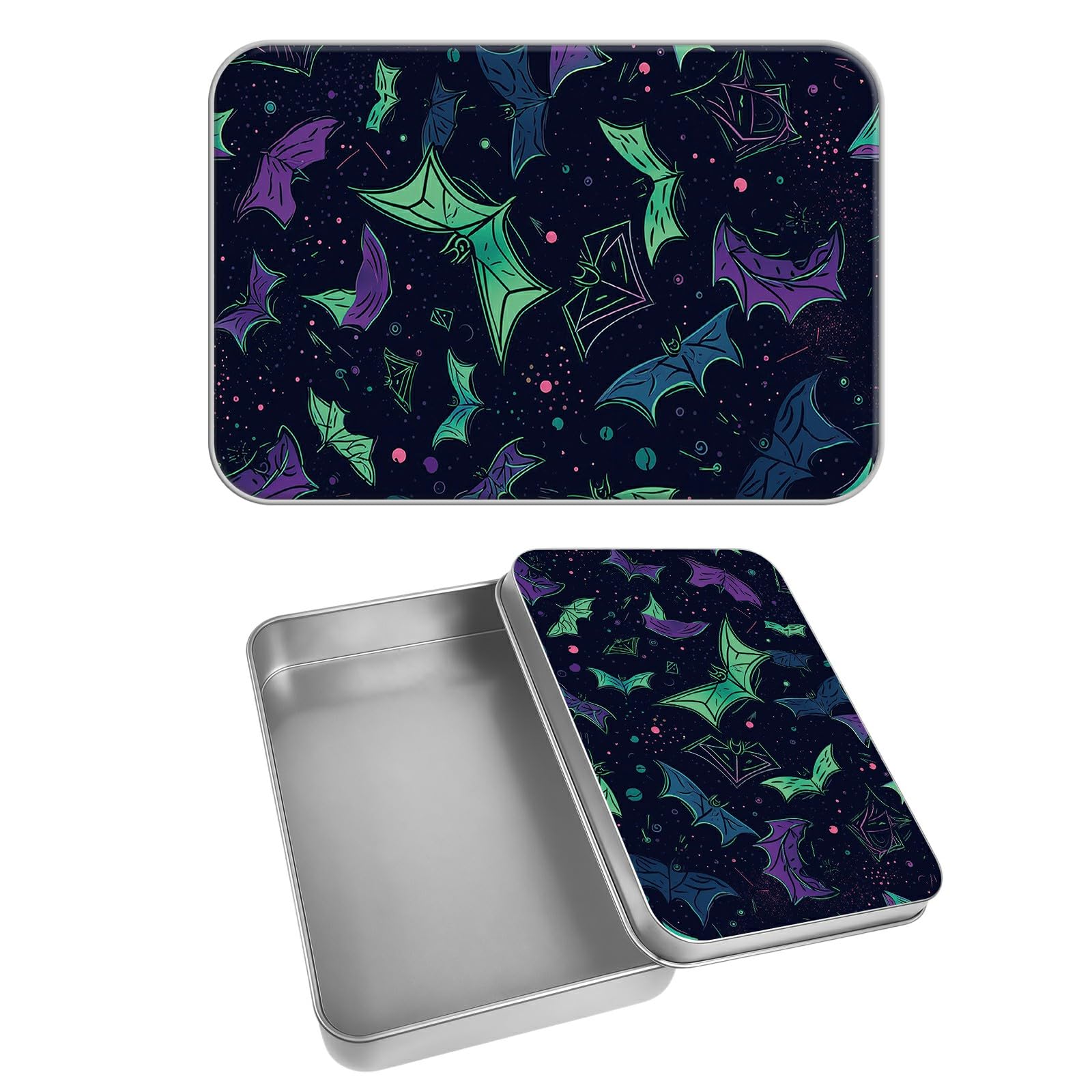Rectangular Metal Tin Box with Removable Lid, Rainbow Goth Bats Decorative Printed Metal Storage Container for Cash Ticket Credit Card Check 3.46 x 2.36 x 0.7 inch– Single Pack
