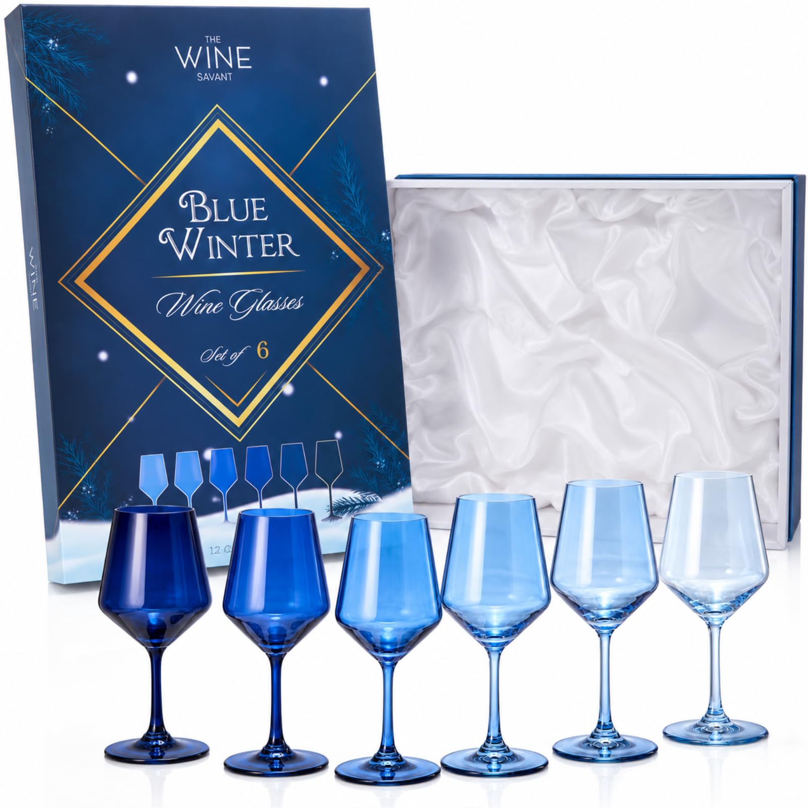 Blaues Weinglas-Set, große 340 ml Gläser, 6 Stück, einzigartiger italienischer Stil, hoher Stiel für Weiß- und Rotwein, Wasser, Margarita- Gläser, Farbbecher, hell bis dunkelblau, marineblau (Stiel) Küche, Haushalt & Wohnen