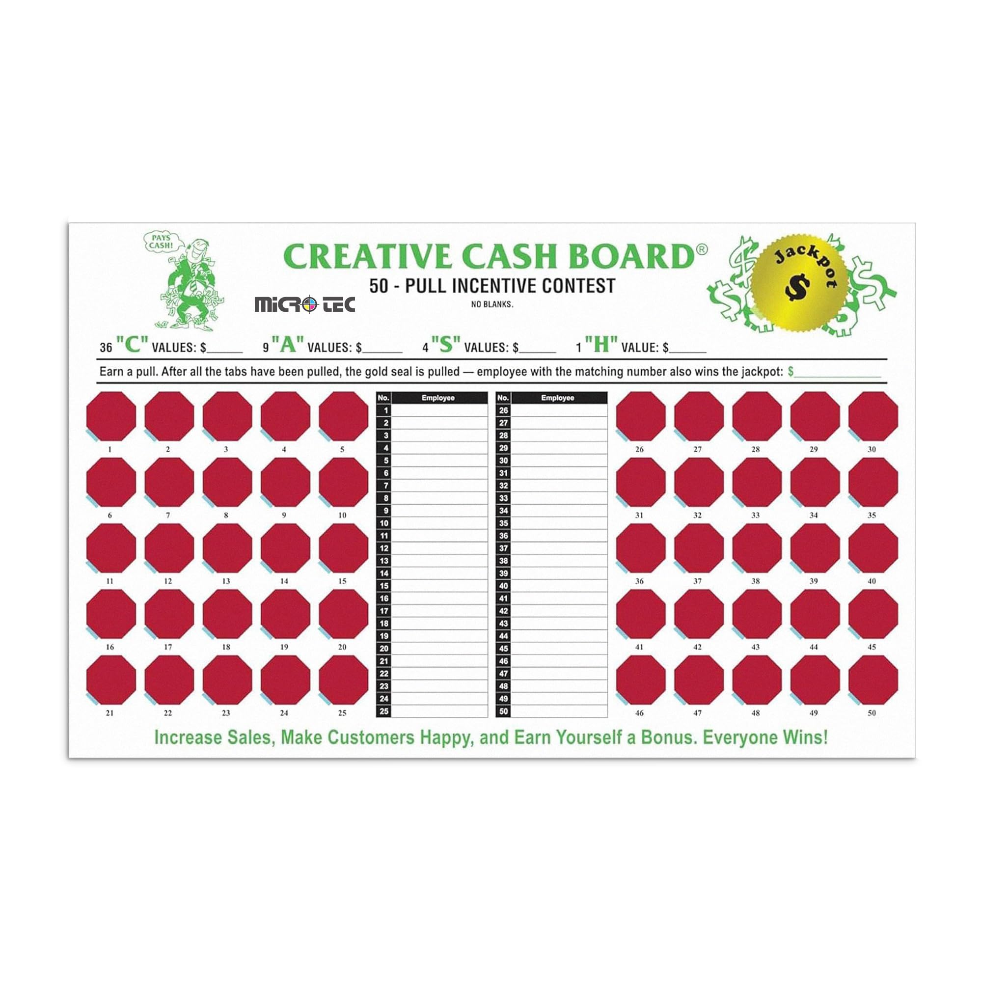 Incentive Cash Boards - 17" x 10-3/4" Creative Cash Board with 50 Red Pull Tabs - 10-point White Stock Cash Board for Motivating Automotive Service