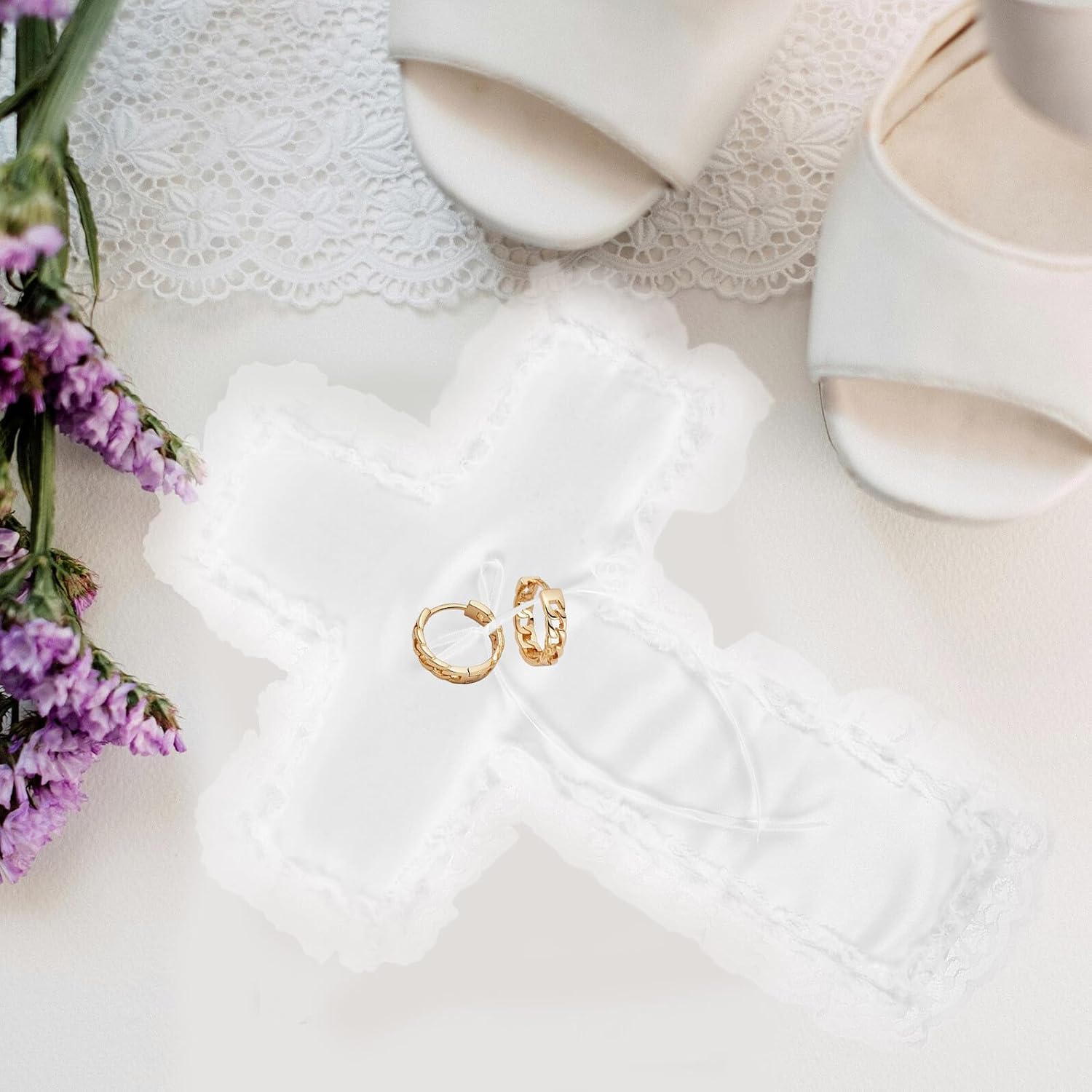 Amosfun Cross Shape Wedding Ring Bearer Pillow Romantic Cushion for Ceremony, Single Piece Ring Pillow Holder for Engagement and Proposal