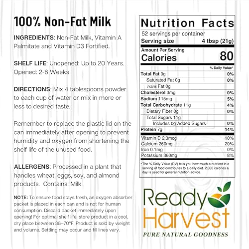 Miniatura 2 de Ready Harvest Alimentos de emergencia - Leche en polvo sin grasa  Leche en polvo  Alimento de supervivencia  Lata #10  Vida útil de 25 años  2